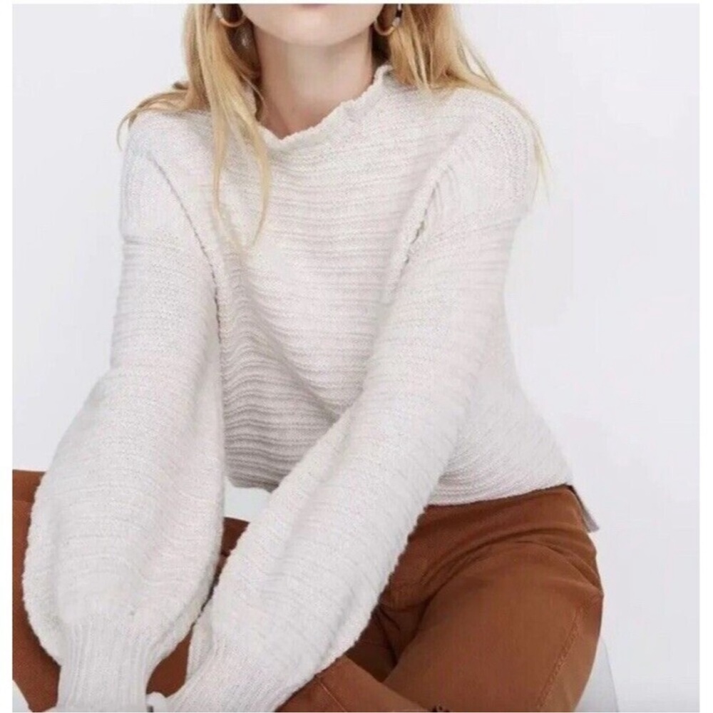 Madewell Ivory Ruffle Neck Merino Wool Blend Balloon-Sleeve Sweater